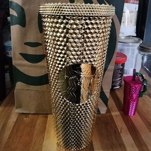 New Starbucks Christmas 2022 Gold Venti Studded Diamond Tumbler 24oz Cold Cup